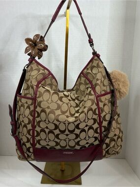 Coach Park Signature Hobo 2-way Bag in khaki canvas with crimson red leather